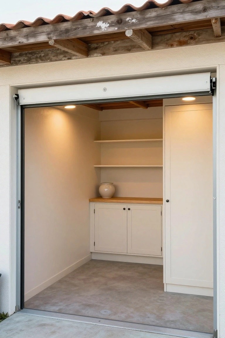 Small garage interior with recessed ceiling light, built-in white cabinets, shelves, and wood countertop