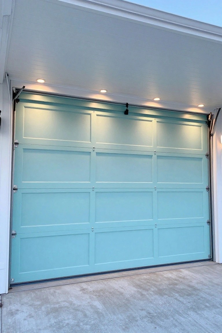 Light blue paneled garage door with overhead lights and concrete floor.