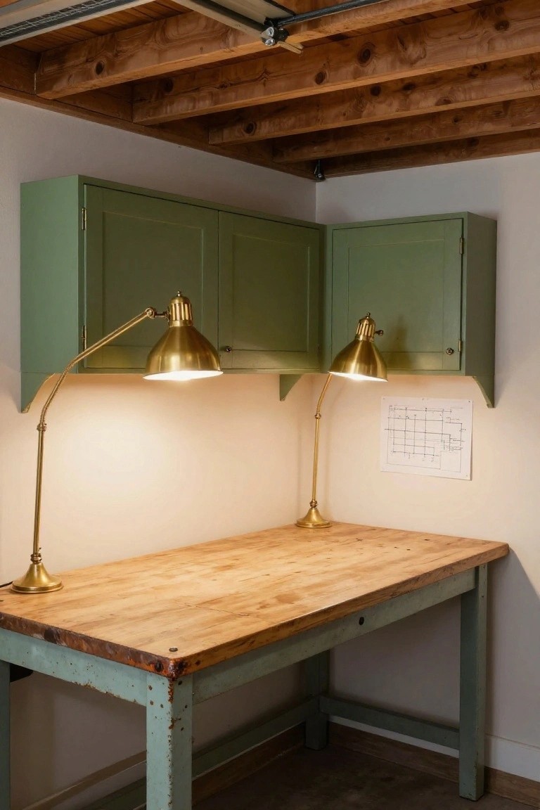 Two brass adjustable arm lamps under green corner cabinets lighting a wooden workbench in a small garage
