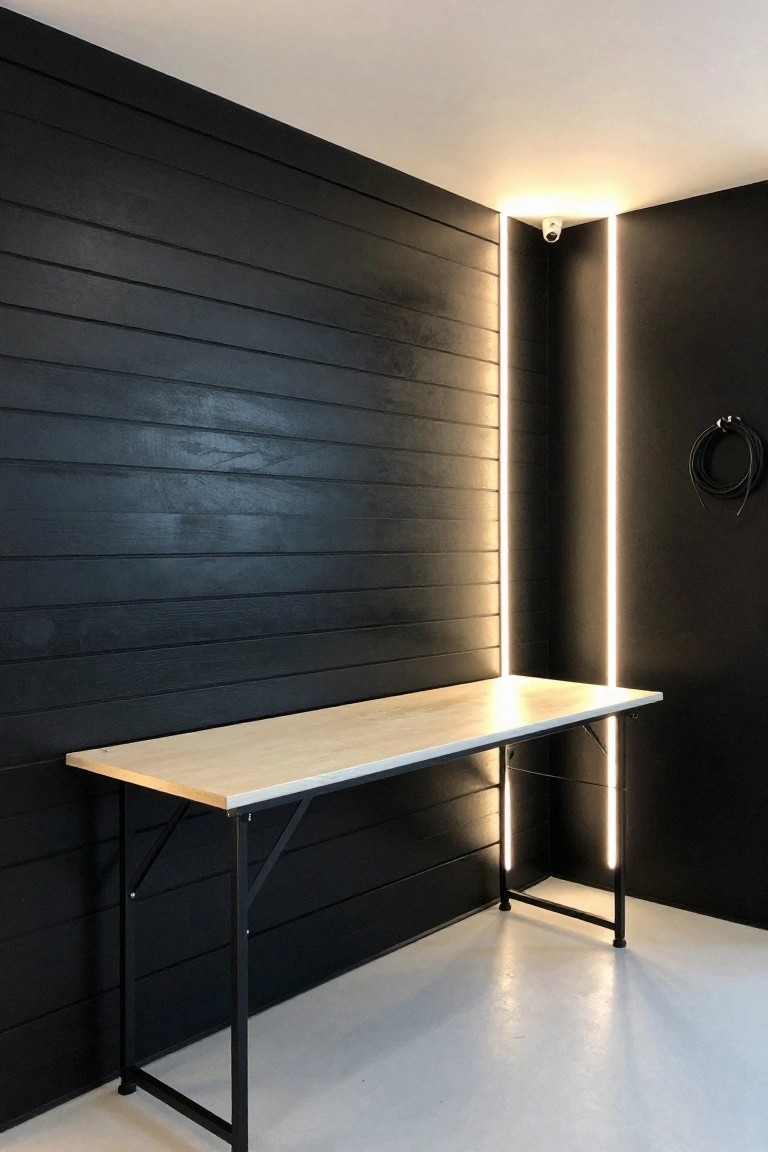 Vertical LED light strip running floor-to-ceiling along black wood-paneled wall beside a wooden workbench in a small garage