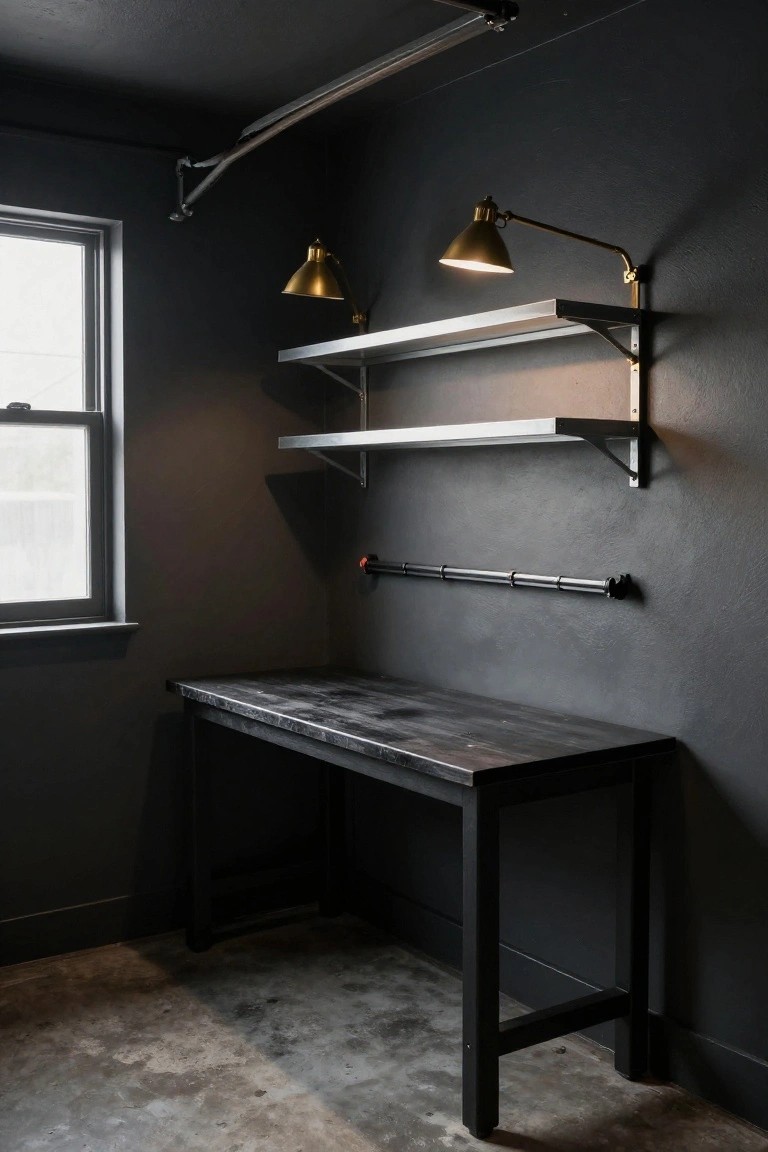 Compact garage workshop featuring a black workbench, floating shelves, and adjustable brass swing-arm wall lamps for targeted task lighting