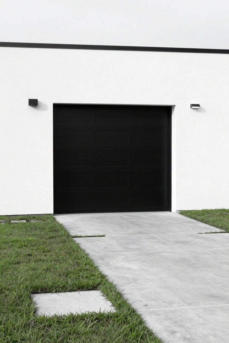 White minimalist house exterior with a large centered black garage door, black wall lights on each side, and a concrete driveway bordered by grass patches.