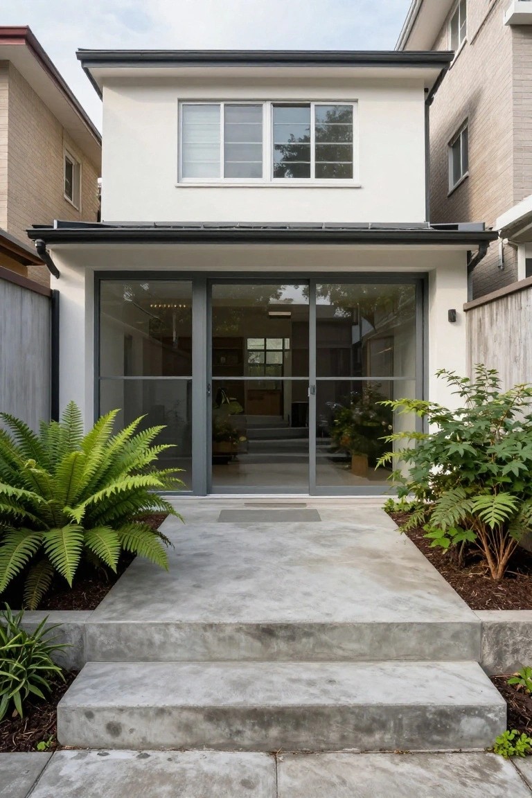 White two-story modern house with black roof overhang and trim, large glass sliding doors at ground level, concrete steps and pathway flanked by large ferns and plants in a fenced backyard.