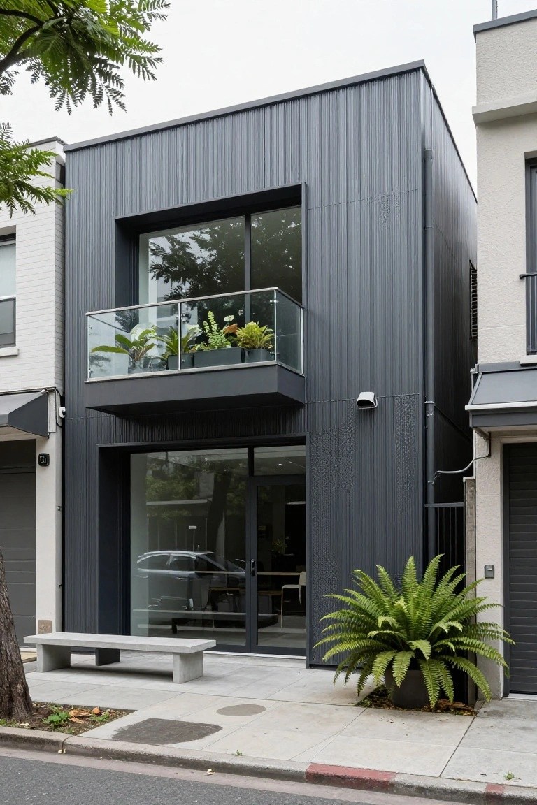A three-story modern house with dark gray corrugated metal siding, featuring a large open glass garage door, an upper balcony with glass railing and potted plants, a front bench, and potted palms, positioned between light-colored neighboring homes on a paved street.