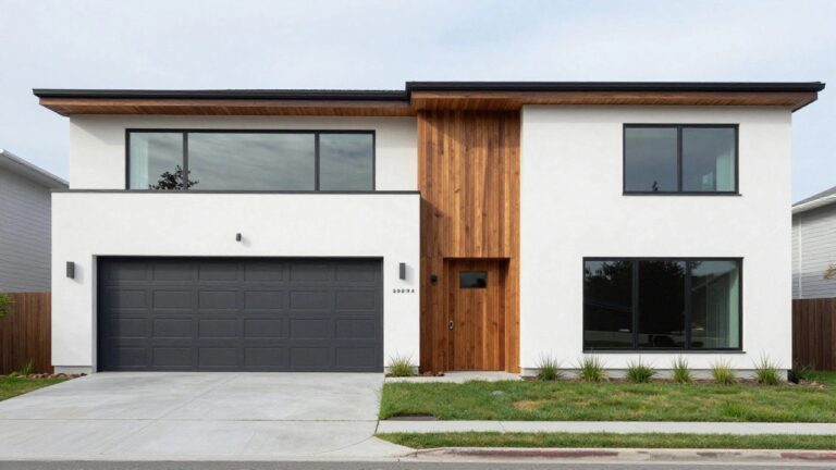 Modern house exterior with white stucco on the left side, vertical tan wood cladding and large windows on the right side above a dark garage door, concrete driveway, grass lawn, and ornamental grasses.