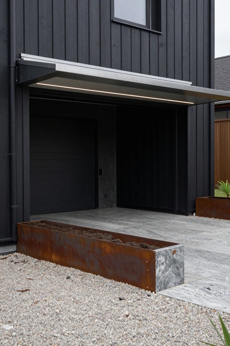 Black vertical board-and-batten house exterior with open dark garage door under extended silver metal awning featuring LED strip lighting, corten steel planter box beside gravel driveway.
