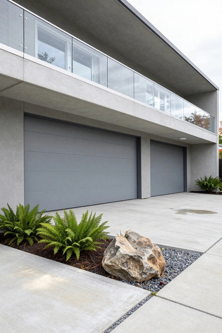 Modern house exterior with light gray concrete walls, two matching gray garage doors, an overhanging upper level with glass balcony railing, and driveway landscaping including ferns and a large boulder.