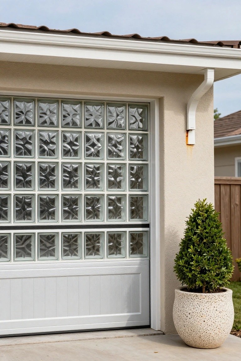 Beige stucco garage exterior featuring a large glass block panel above a white paneled garage door, with a potted plant in a white ceramic pot beside it.