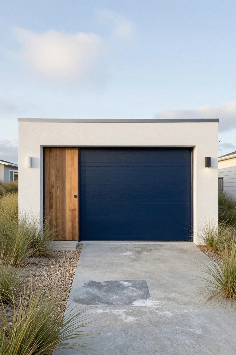 Modern boxy garage exterior with white stucco walls, navy blue overhead door, wooden pivot entry door beside it, concrete driveway edged by gravel and tall grasses.