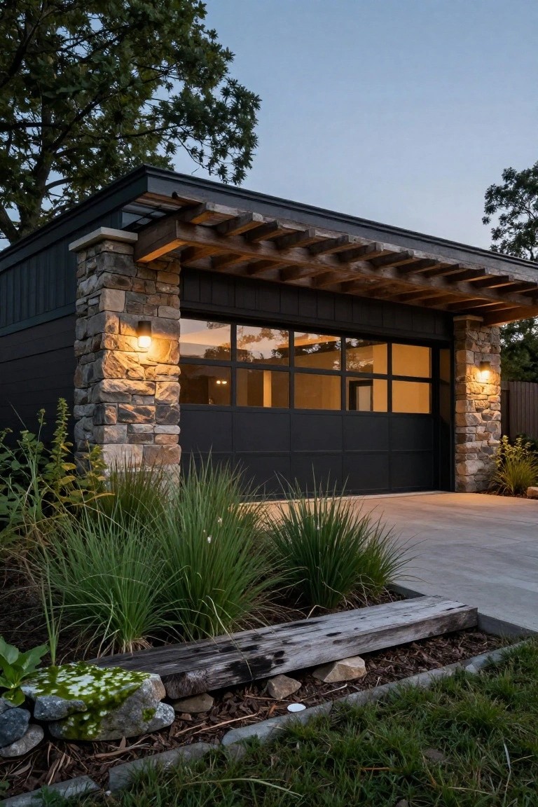 Modern garage with black metal door and glass panels flanked by lit stone pillars under a wooden pergola, next to a concrete driveway and low landscaping.