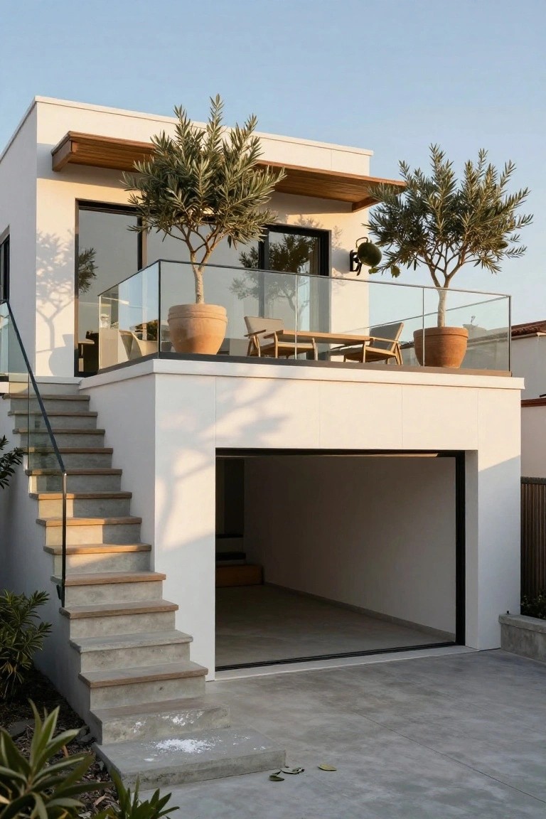 White modern two-story house with open garage below, concrete stairs to upper level, glass-railed rooftop terrace with potted olive trees, wooden furniture, and surrounding landscaping.