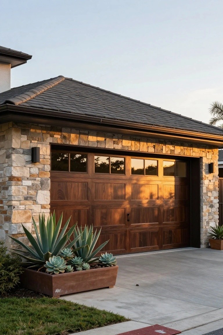 Modern detached garage with dark wood paneled door featuring glass windows, surrounded by beige stacked stone walls, flanked by potted agave and succulent plants on a concrete driveway.