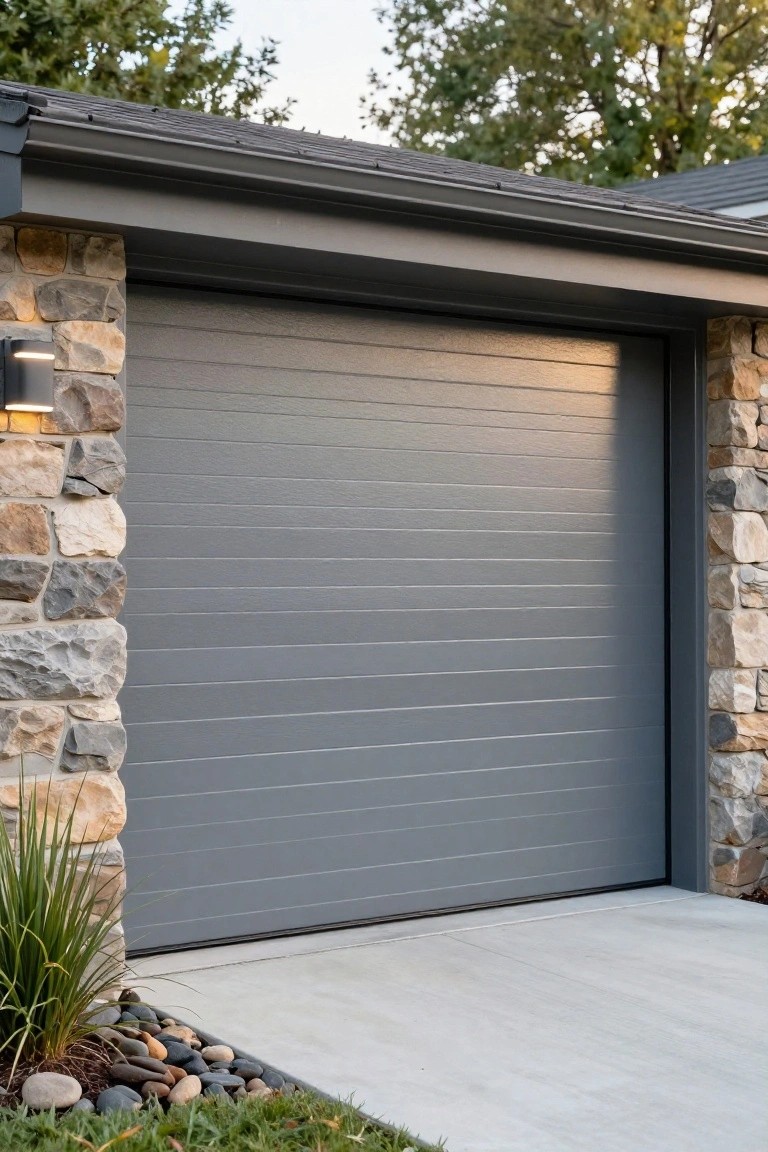 Gray horizontal slat garage door recessed between two tall textured stone pillars on a house exterior, with dark roof overhang, wall light, concrete driveway apron, and gravel bed with plants at the base.