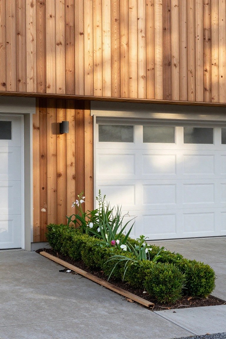 House exterior with vertical cedar wood siding next to white double garage doors and a landscaped strip of green shrubs and white flowers along the concrete driveway.