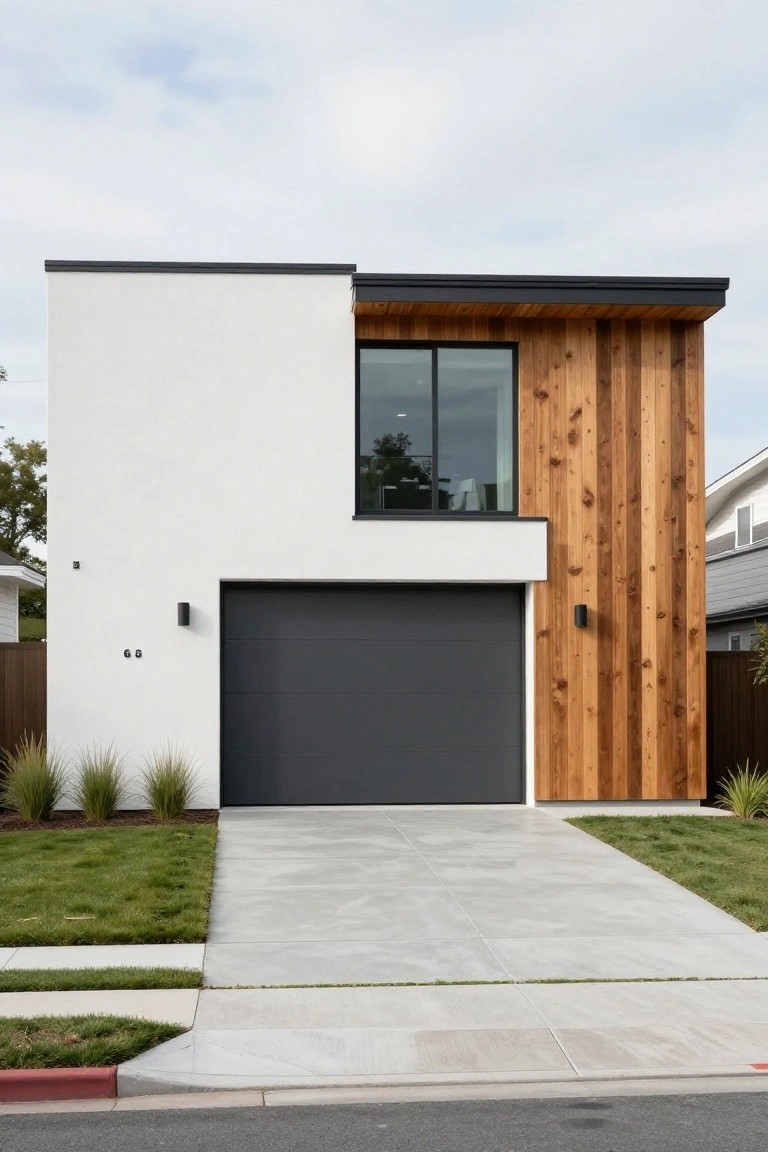 Modern house exterior with white stucco on the left side, vertical tan wood cladding and large windows on the right side above a dark garage door, concrete driveway, grass lawn, and ornamental grasses.