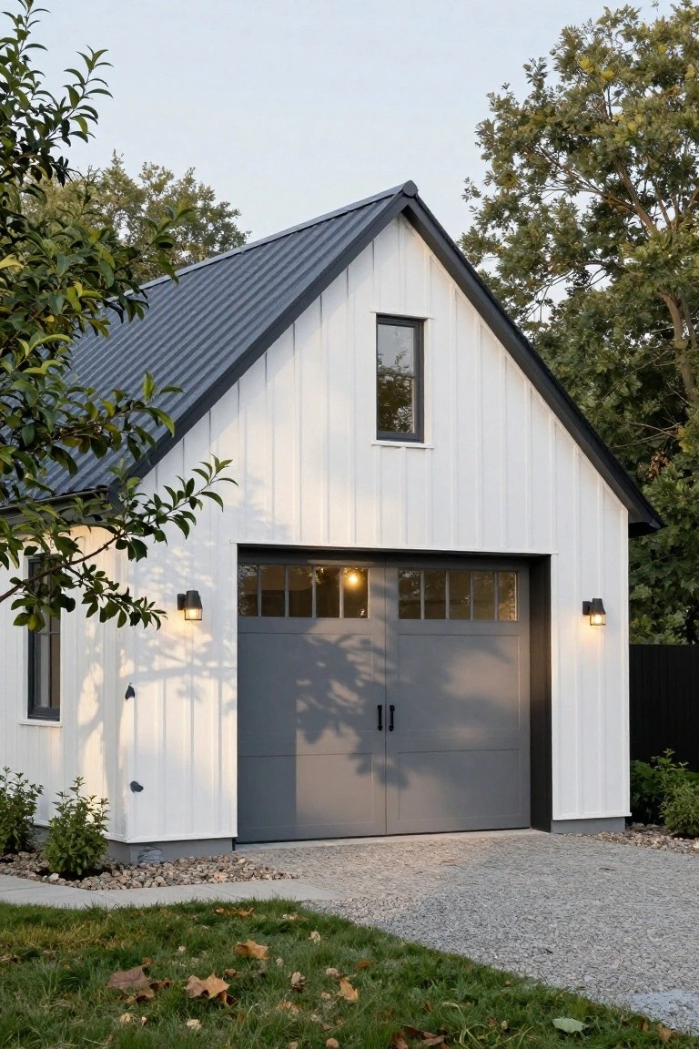 White gabled garage with board-and-batten siding, dark gray metal roof, dark gray garage door with window panels, wall lights, trees on sides, gravel path, and grass nearby.