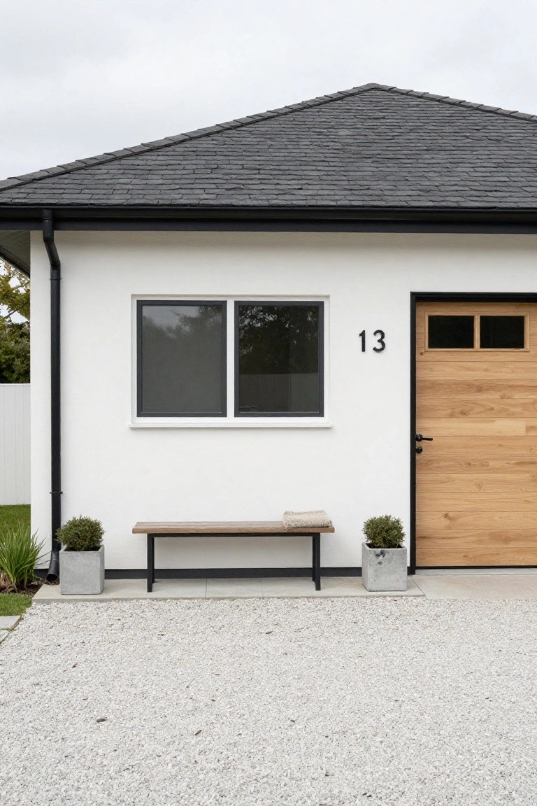 Clean white garage walls with black trim, wooden door, and bench out front