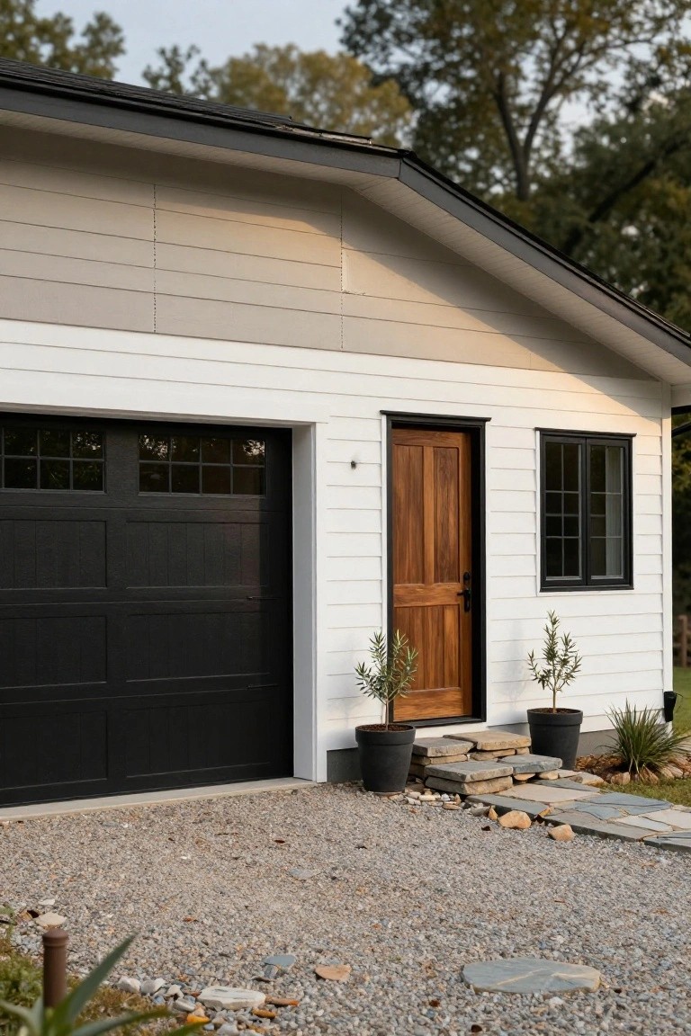 Modern garage exterior with crisp white walls, black double door, wood entry door, and gravel driveway