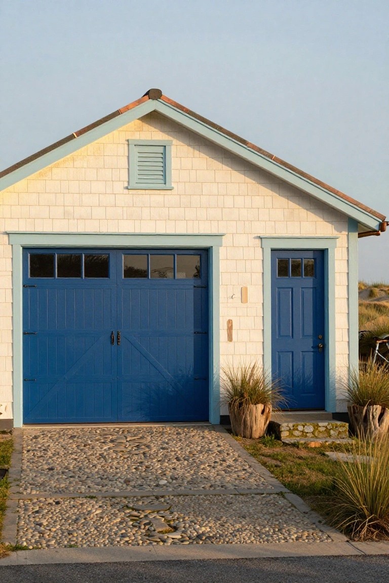 White shingle garage with deep navy blue double doors and matching side door on a gravel path
