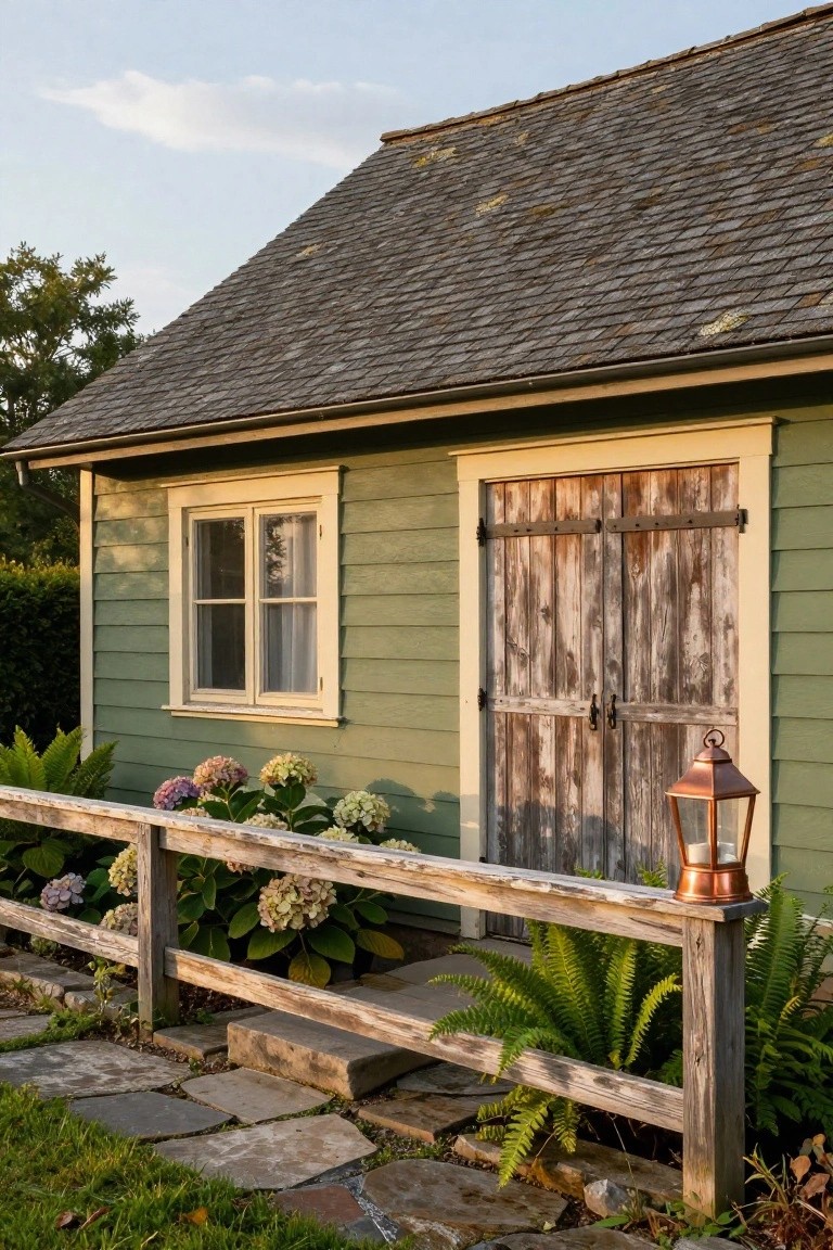 Sage green painted garage exterior with weathered barn doors, white-trimmed windows, and garden plants nearby