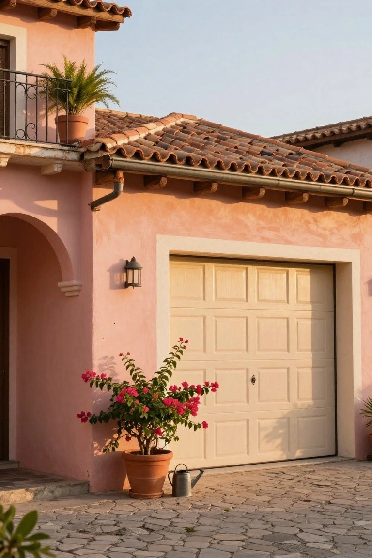 Soft pink stucco garage wall with white door, terracotta roof, and potted bougainvillea on a stone patio