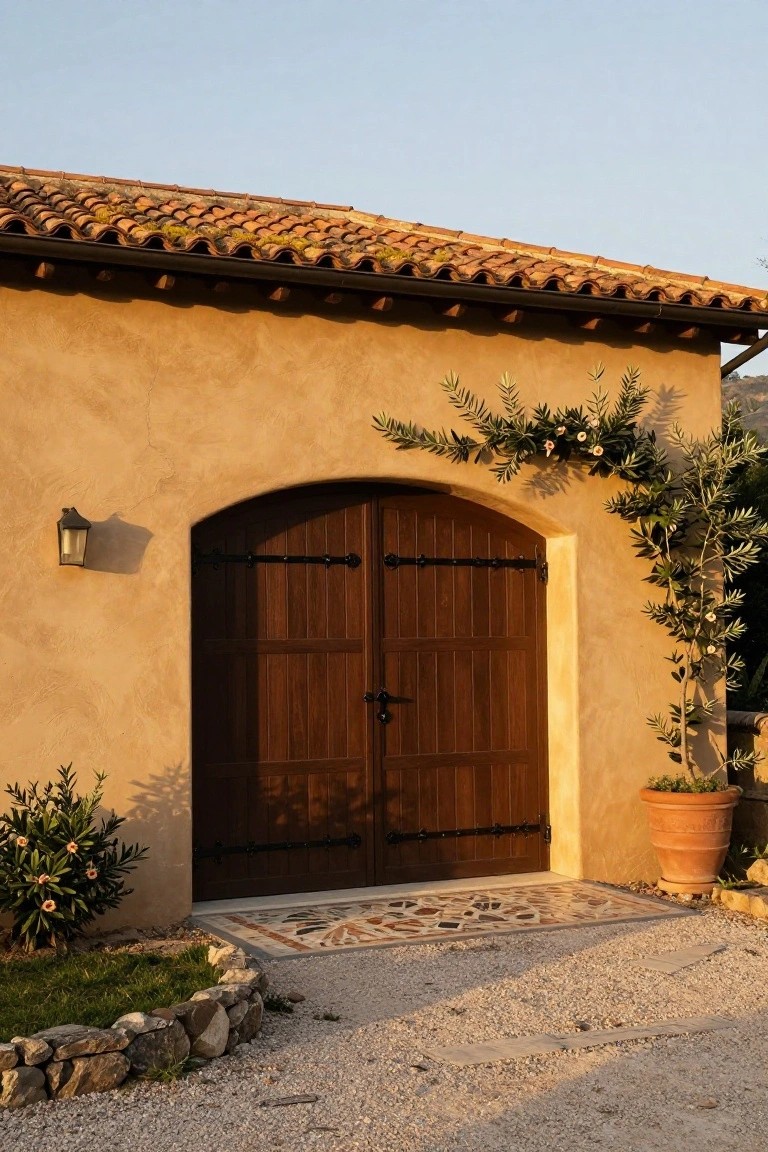 Warm beige stucco garage walls with arched wooden doors, terracotta tile roof, olive branches, and stone garden edging