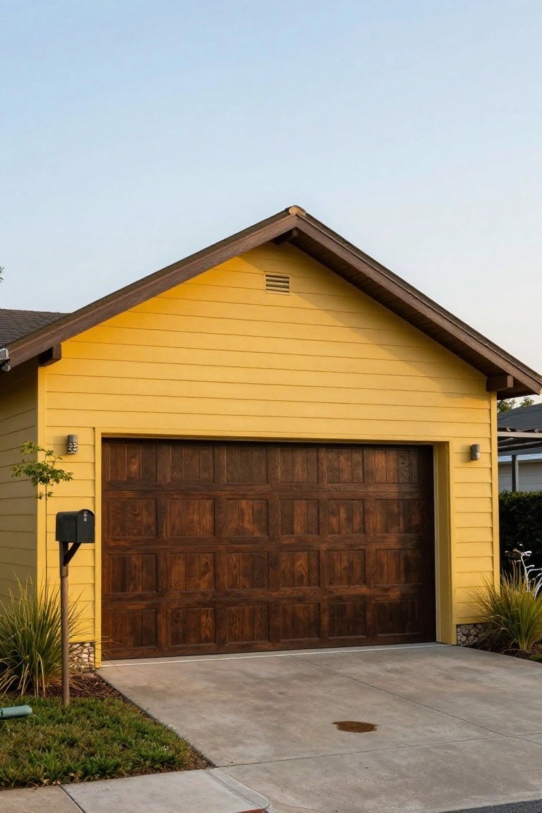 Garage with warm mustard yellow siding, dark wood door, black mailbox, and simple landscaping on concrete driveway