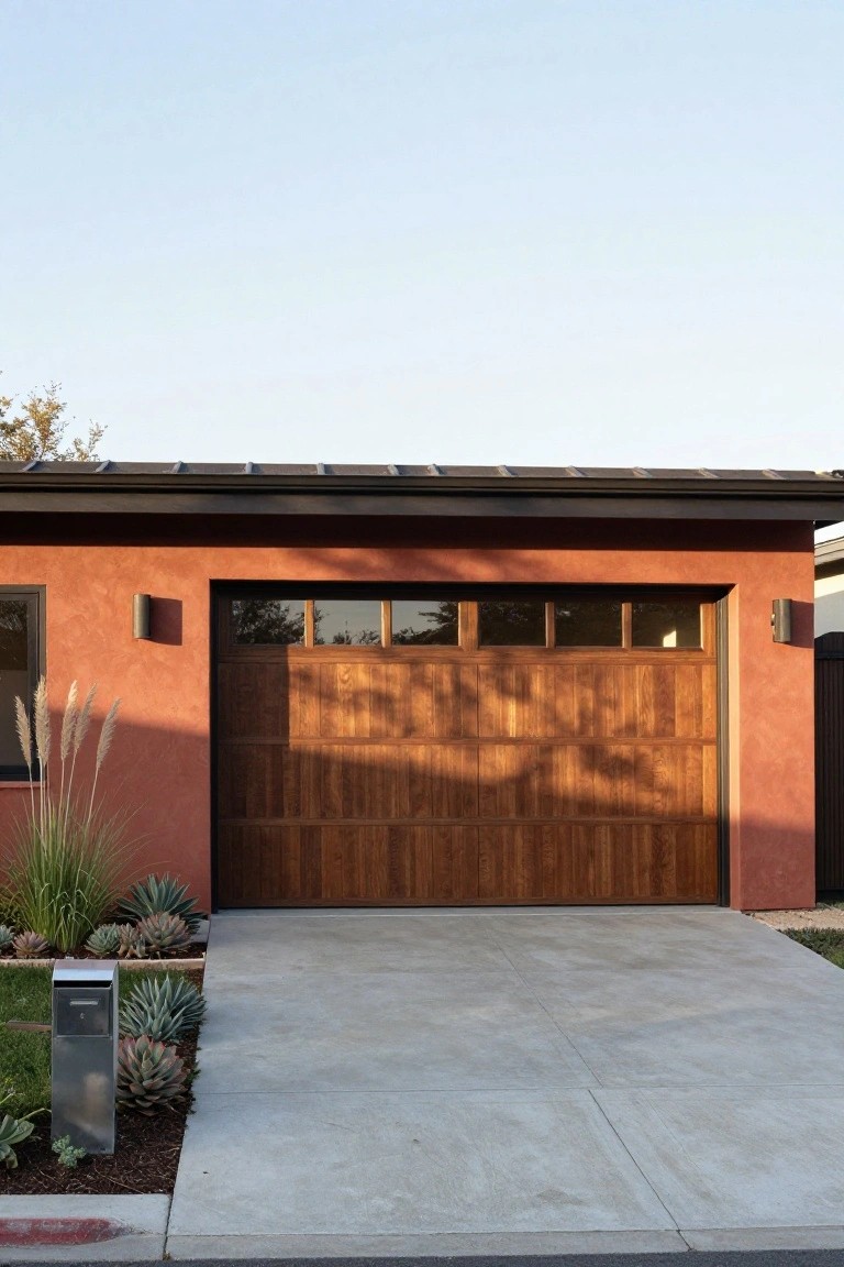 Garage exterior with warm terracotta walls framing a wooden door, accented by potted succulents