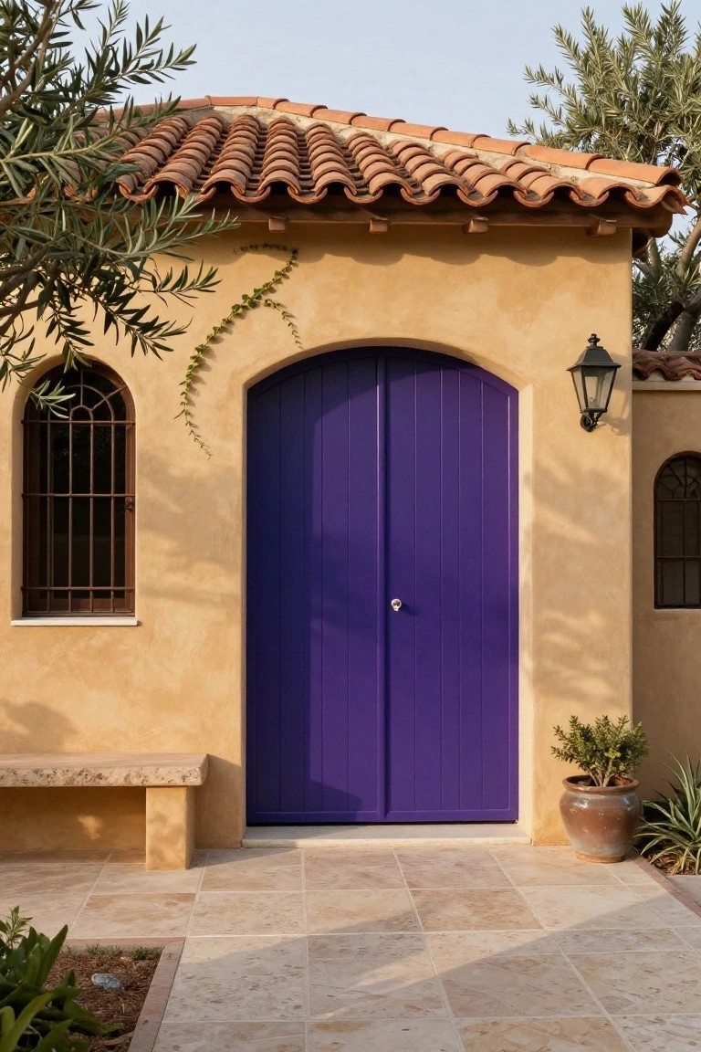 Beige stucco garage exterior with arched bright purple double doors, stone bench, and potted plants