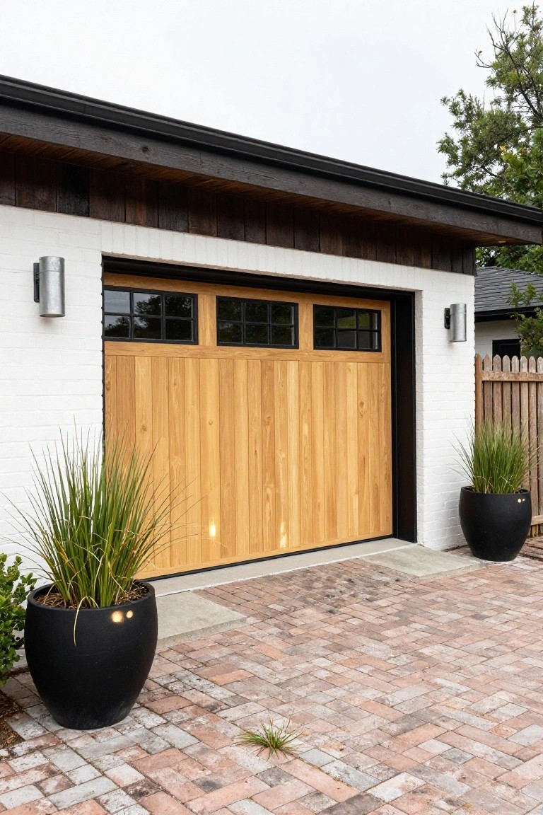 Modern garage exterior with crisp white brick walls, light wood plank door, black-framed windows and lanterns, brick paver driveway, and black pots with grasses