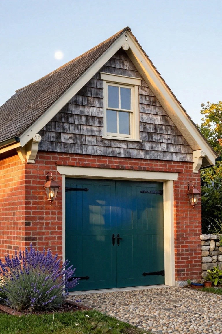Brick garage building with deep green double doors, white window trim, cedar shingle roof, and garden plantings along a stone path