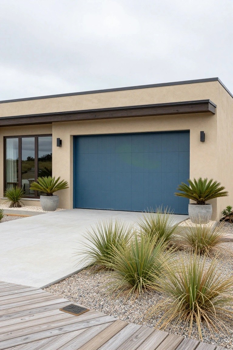 Modern garage door painted in deep navy blue against neutral stucco exterior walls