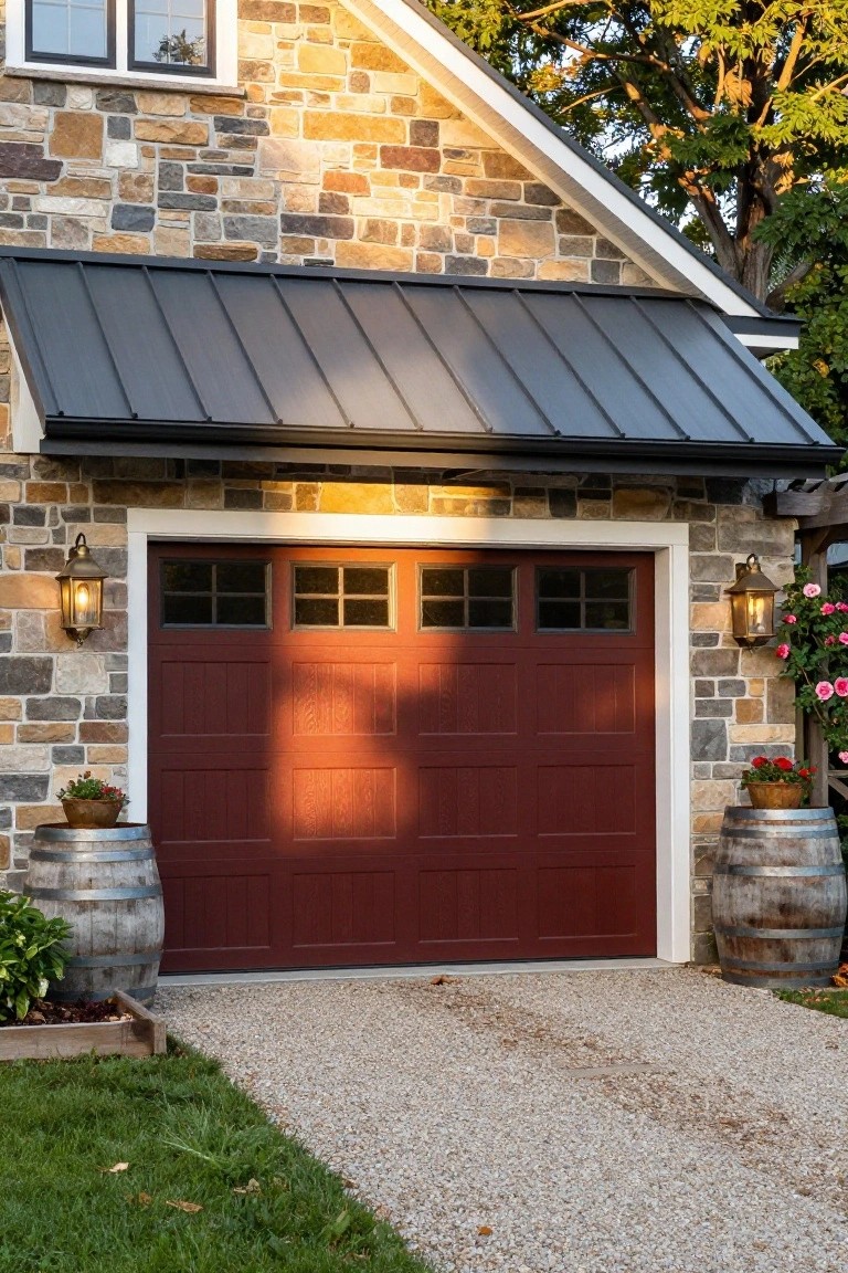 Red wooden garage door on stone house with barrel planters.