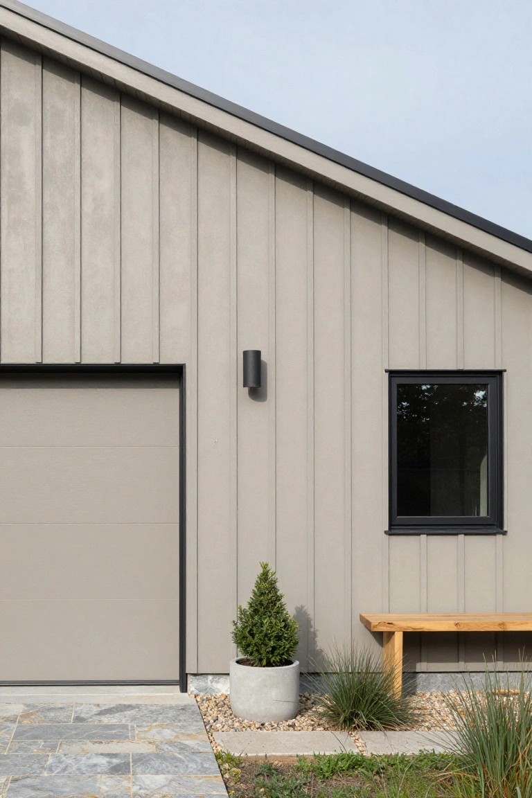 Modern garage exterior featuring light greige siding, matching gray door, black wall light and window trim, plus a wood bench and plants