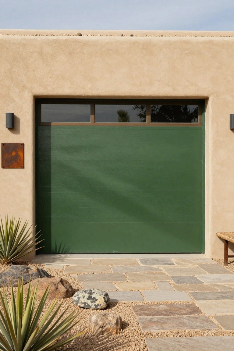 Sage green sectional garage door on tan adobe home with desert landscaping and stone pathway