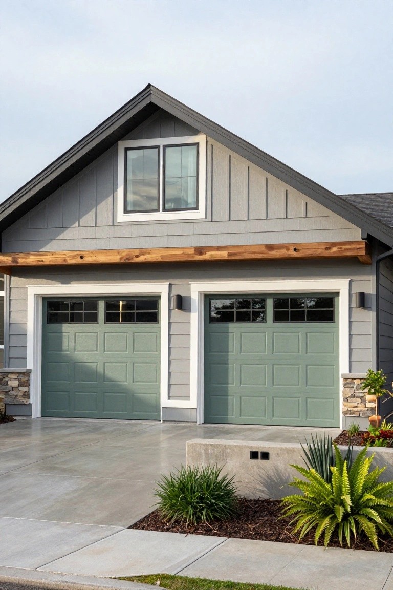 Muted sage green garage doors on a gray house with wood accents and stone details