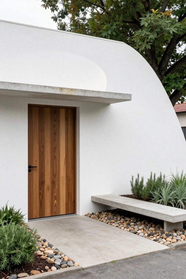 Curved white exterior wall of a modern garage with a vertical wood plank door, concrete overhang above, bench with plants and pebbles at the base, adjacent to a large tree.