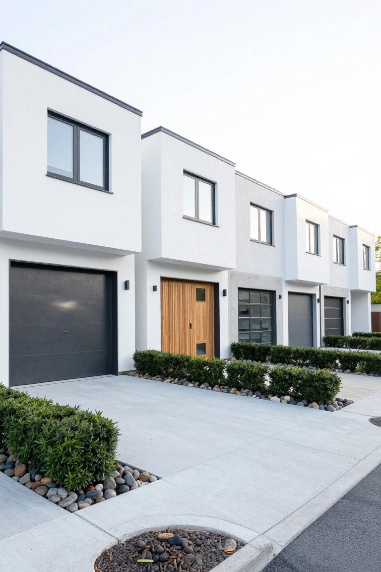 Row of four modern white townhouses with dark gray garage doors, wooden pivot entry doors, slim black-framed windows, concrete driveways, and low green hedges with pebble gardens.