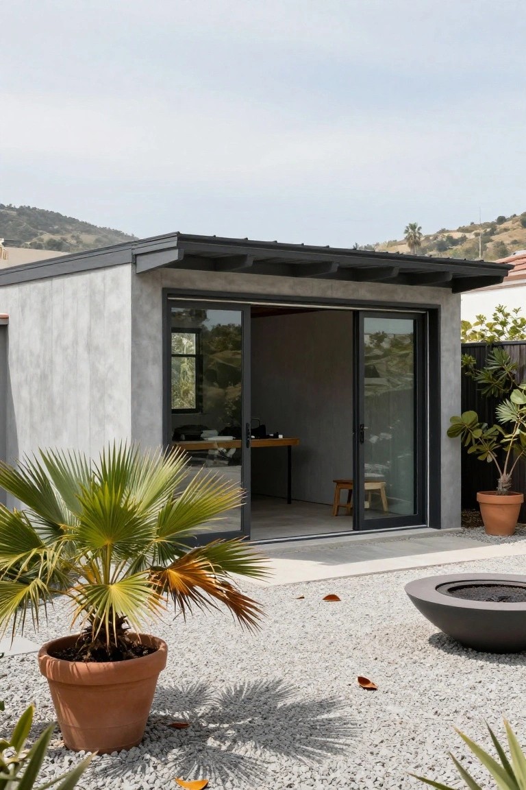 Gray textured concrete detached garage with black metal framing and large sliding glass doors facing a gravel patio with potted palm trees, a black fire pit bowl, and agave plants.