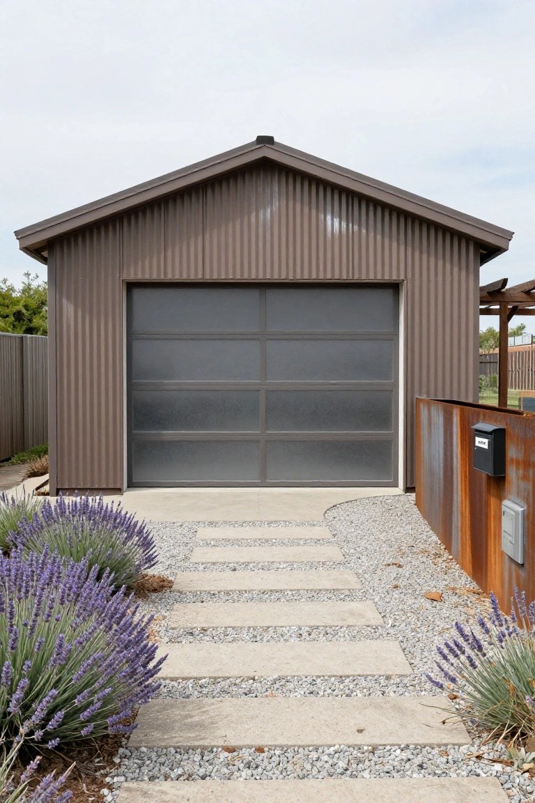 Brown corrugated metal garage with large vertical frosted glass door, gravel pathway with stepping stones, and lavender plants along the sides.