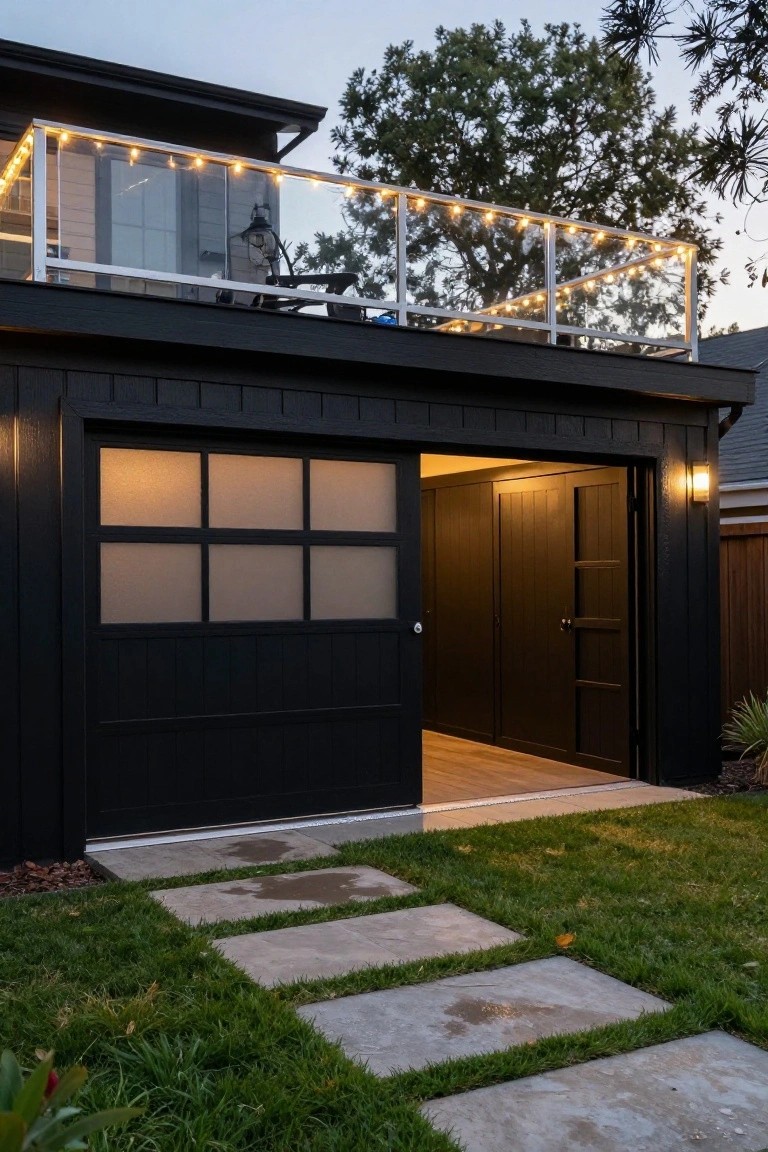 Contemporary black garage structure with partially open frosted glass door, upper balcony featuring glass railing and string lights, wood floor visible inside, stepping stone pathway, and grass landscaping.
