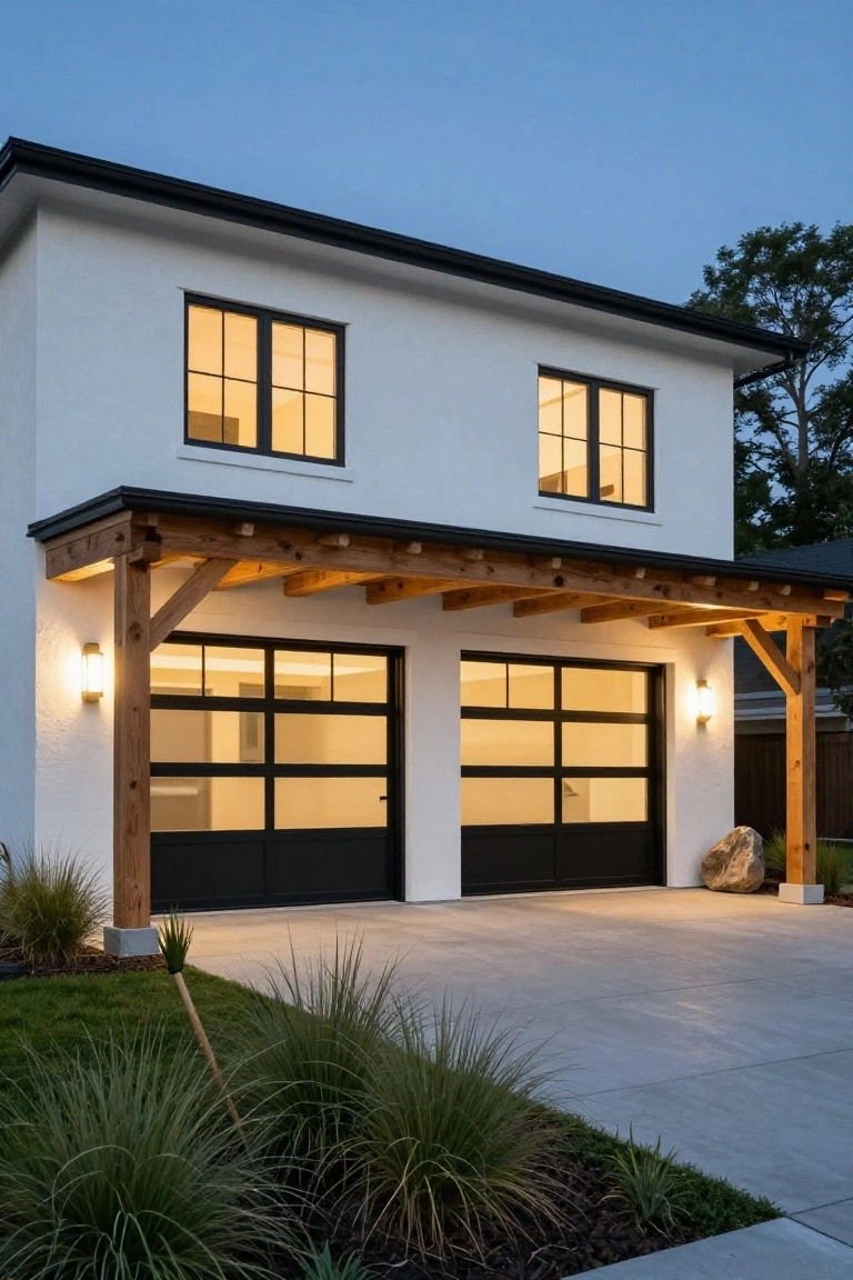 White modern two-story house at dusk with black-framed windows, glass-paneled garage doors under wooden beam overhang, paver driveway, and grasses with a boulder nearby.
