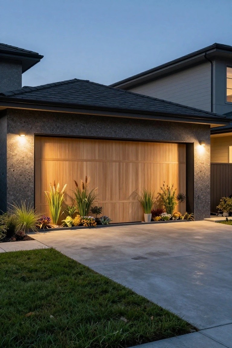 Modern house garage with open vertical wooden door, flanked by tall ornamental grasses and potted plants against a stone facade, pathway lighting, and driveway at dusk.