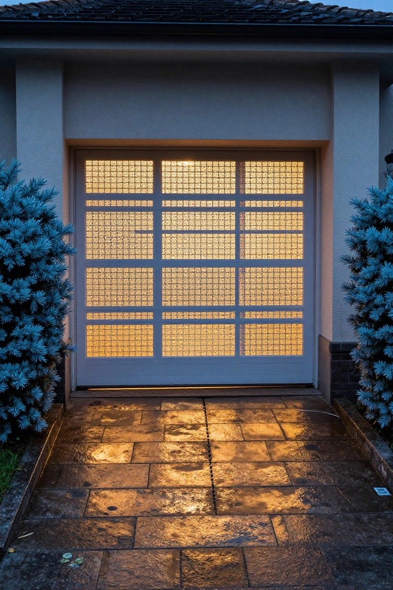Beige stucco house facade with a tall garage door featuring frosted glass panels in a white grid frame, interior light glowing through the panels, flanked by two blue conifer trees, and a wet stone tile pathway leading up at dusk.