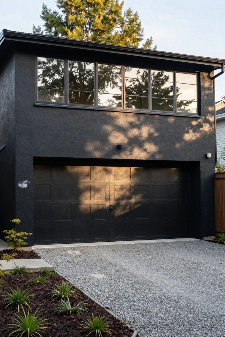 A two-story black stucco garage with large black-framed upper windows, black garage door, gravel driveway, and low grasses along the side.