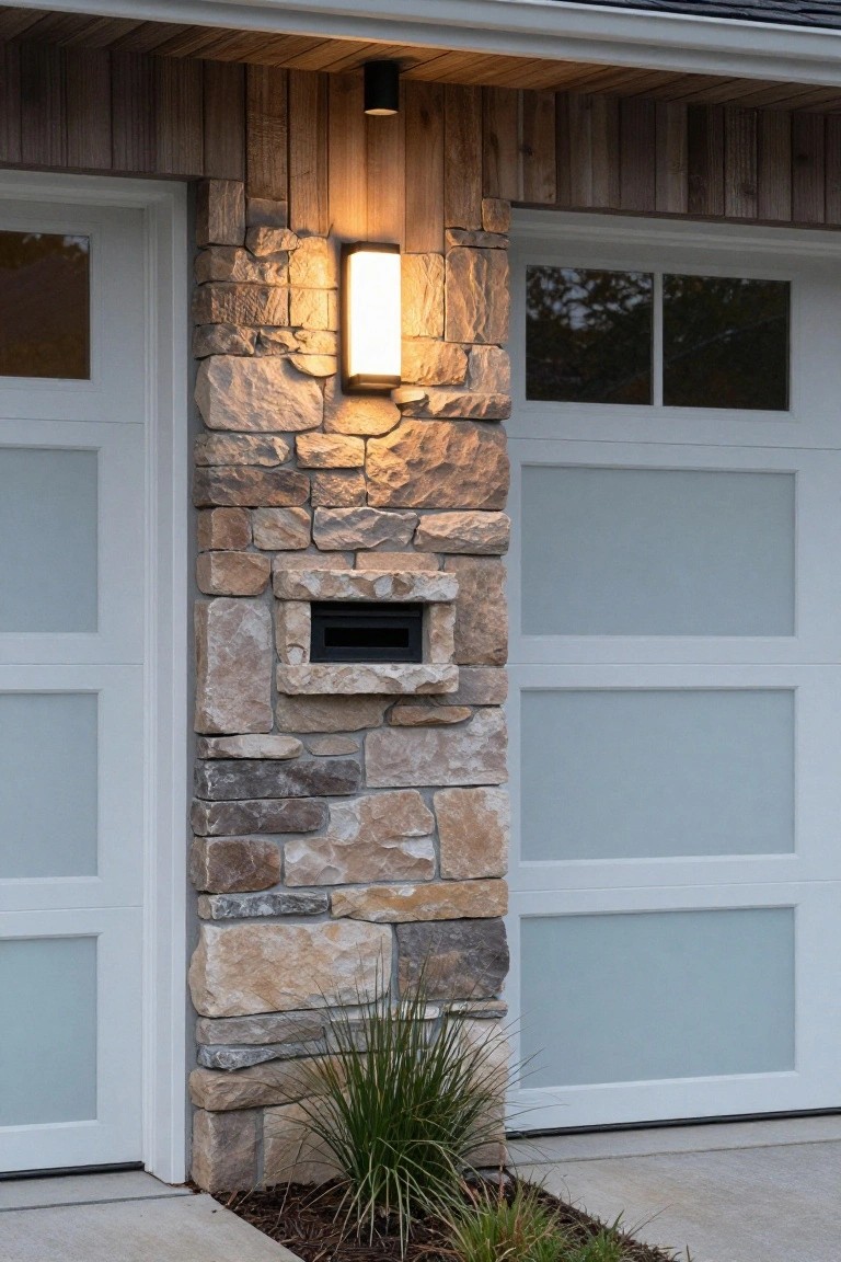 Two-car garage with frosted glass panel doors, central stone pillar holding a black mailbox, wall-mounted lantern light on the pillar, wood siding above, and low grasses at the base.