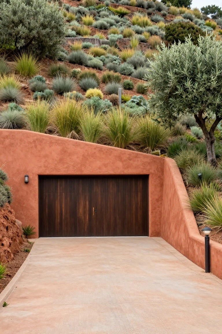 Recessed dark wood plank garage door in a curving terracotta stucco wall along a concrete driveway on a hillside with native grasses and olive trees.