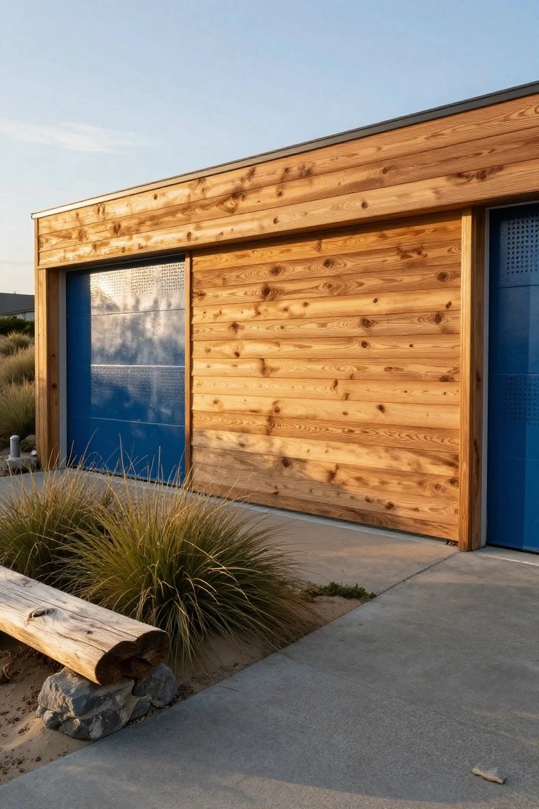 Side view of a contemporary garage with vertical cedar wood siding, glossy blue sliding doors, concrete apron, beach grasses, and a log bench nearby.