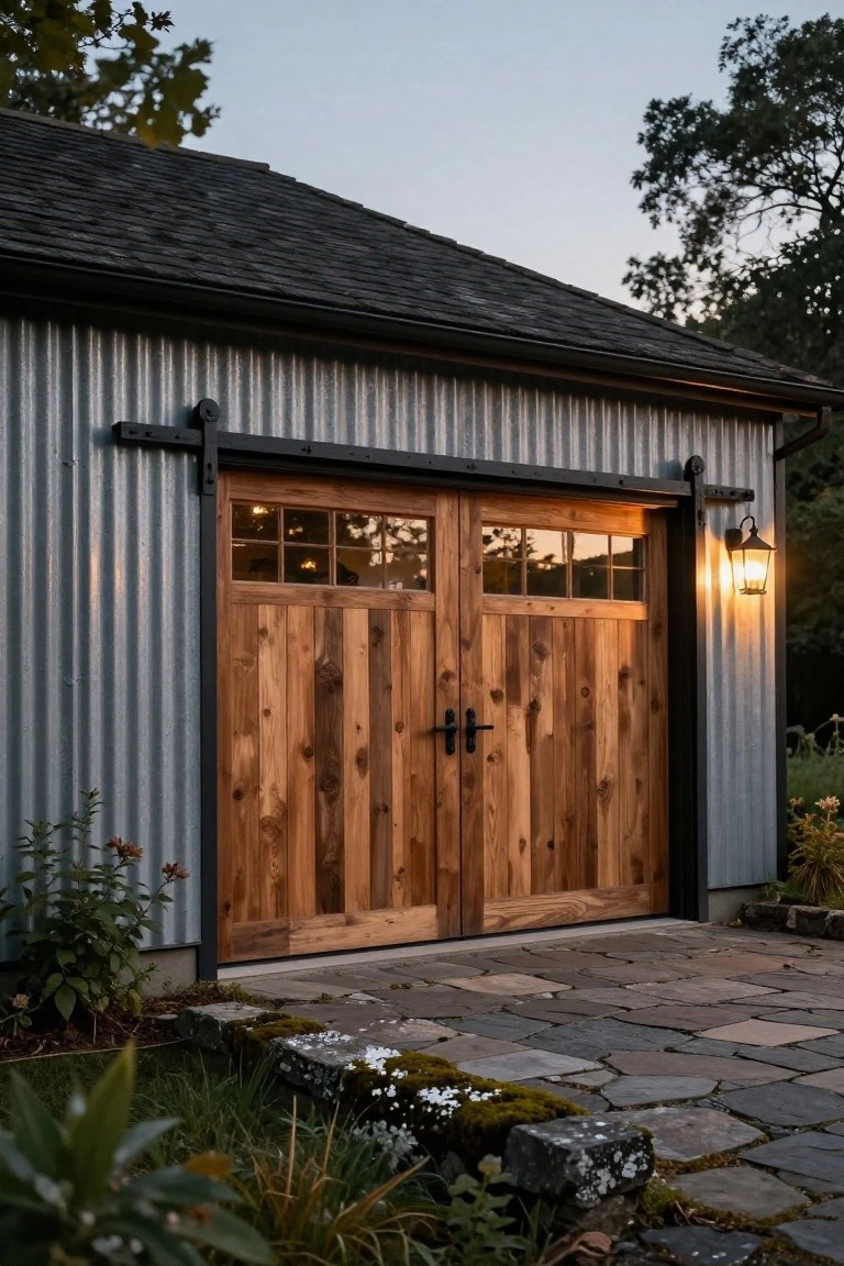 Corrugated metal garage building with two large wooden sliding doors on tracks, each featuring upper glass panels, flanked by black lanterns and a stone paver pathway with surrounding plants.