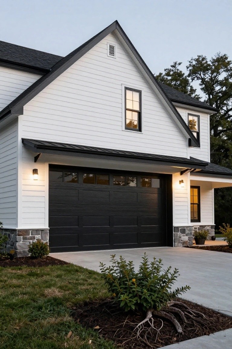 White clapboard house exterior with gabled black roof, black two-car garage door with four upper windows, black metal awning, stone base accents, wall lights, driveway, and shrubs.